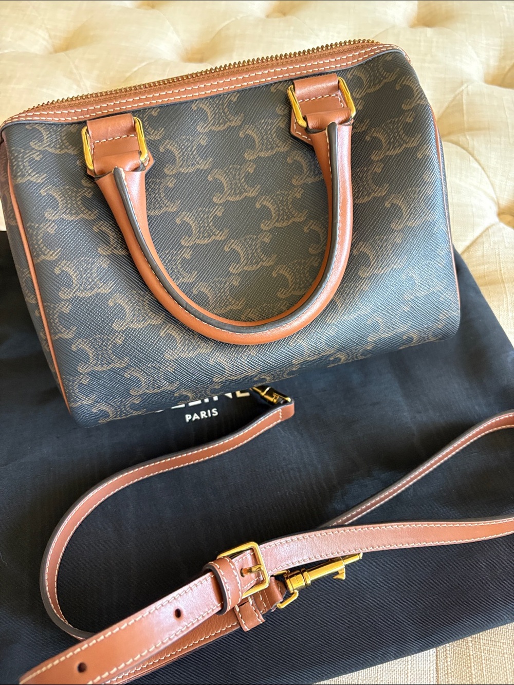 CELINE
Triomphe Canvas Calfskin Small Boston Bag Tan